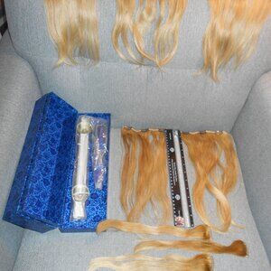 Human hair blonde extension set, brush, rack, box